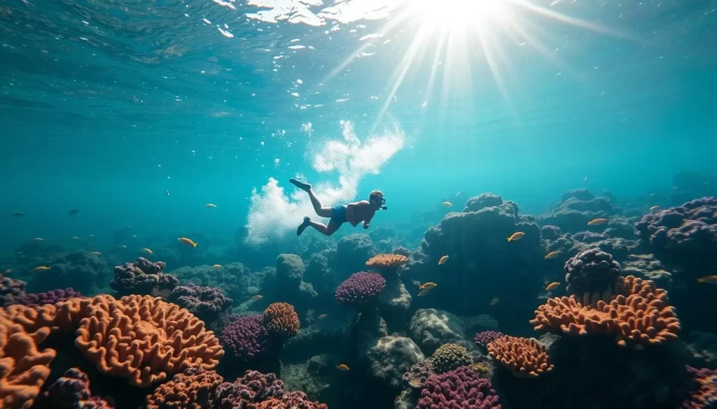 Image of a snorkeler exploring the vibrant coral reefs of Perhentian Islands