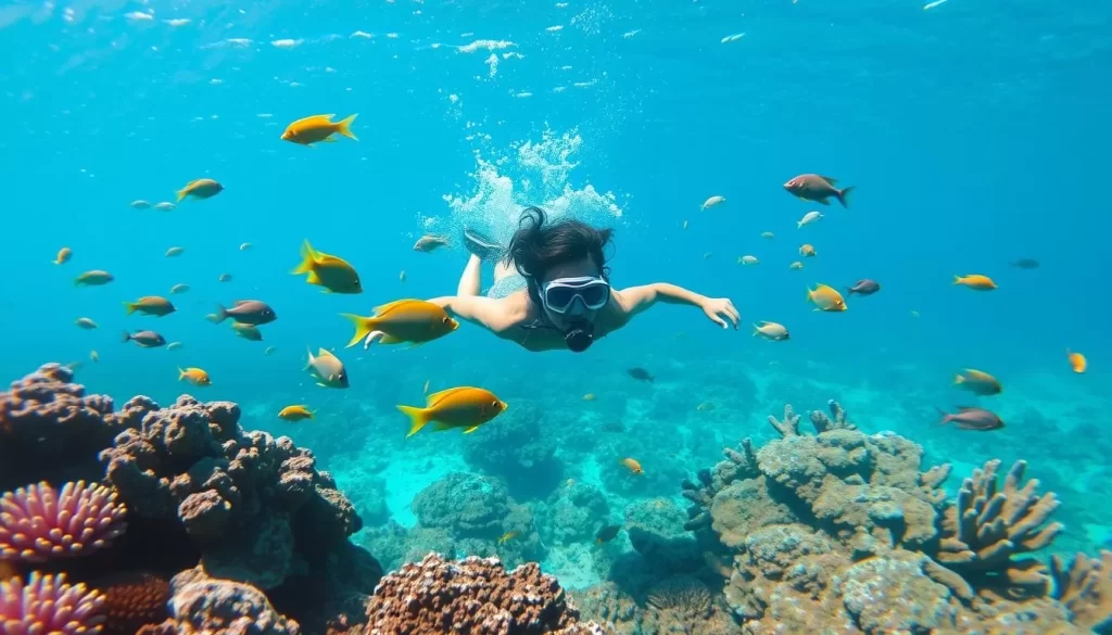 Image of a snorkeler or diver surrounded by marine life in Zanzibar