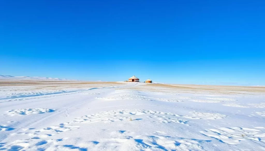 Image of a snow-covered Mongolian landscape with a ger in the distance