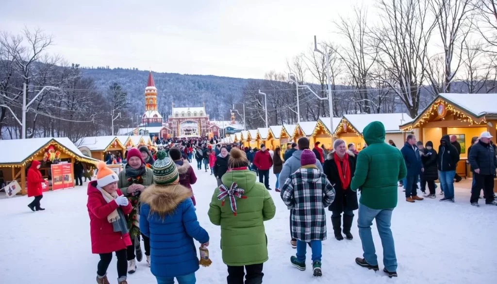 Image of a snowy Michigan landscape with festival attendees