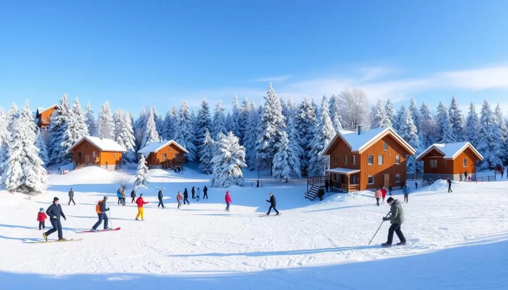 Image of a snowy landscape in Chochołów with people engaging in winter activities