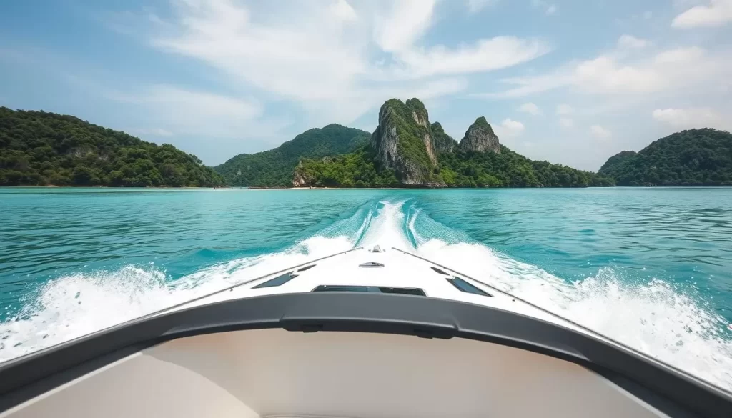 Image of a speedboat approaching Koh Mak Island