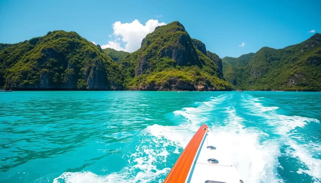 Image of a speedboat approaching Koh Yao Noi