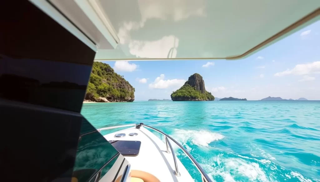 Image of a speedboat approaching Lang Tengah Island
