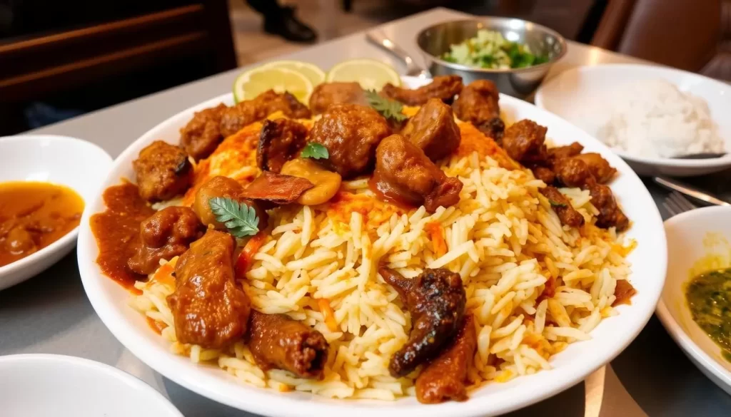 Image of a steaming plate of Hyderabadi Biryani