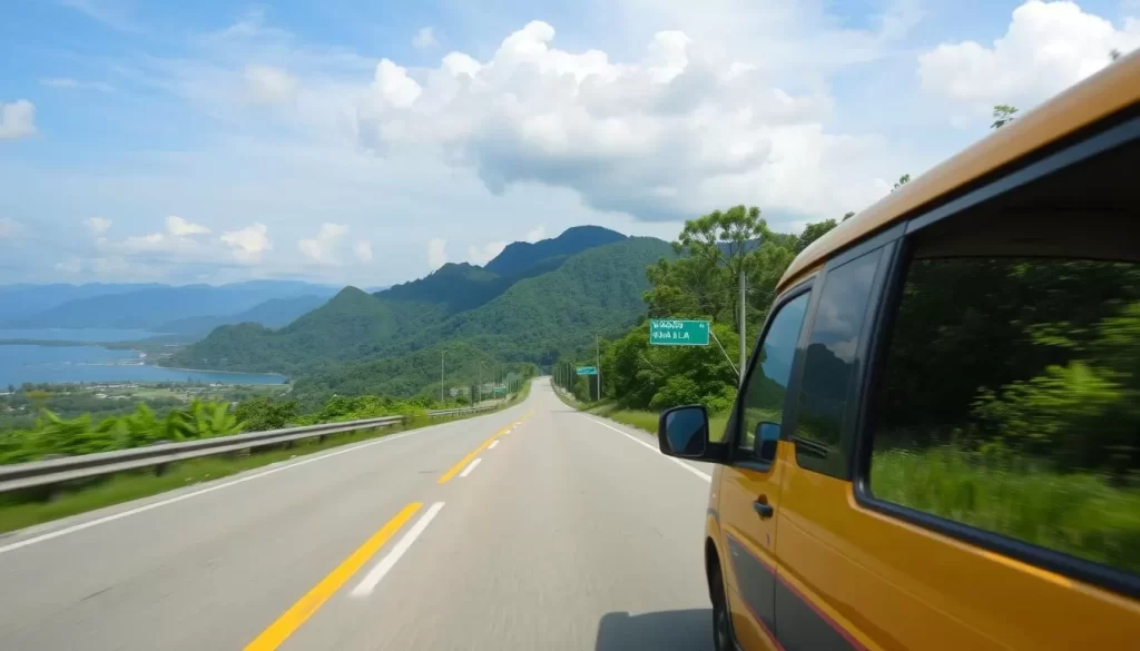 Image of a taxi or minivan driving on the road to Khao Lak