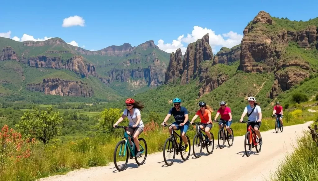 Image of a tour group cycling through Hell's Gate National Park