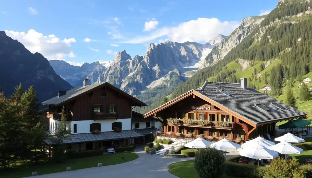 Image of a traditional Austrian mountain restaurant with a scenic backdrop
