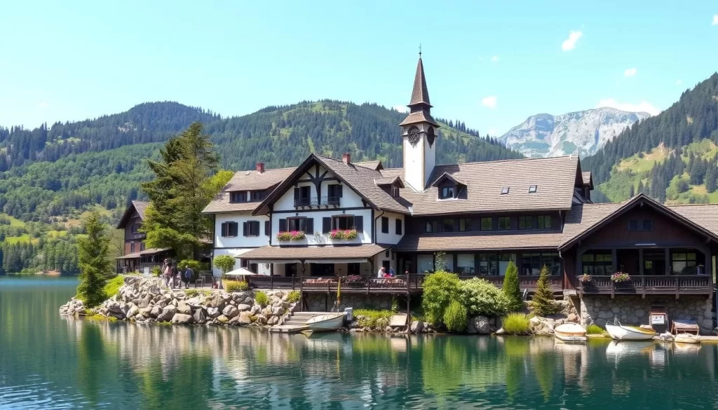 Image of a traditional Austrian restaurant along a lake