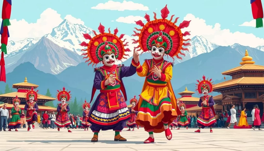 Image of a traditional Bhutanese festival with masked dancers