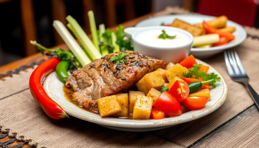 Image of a traditional Ecuadorian dish, such as hornado, with fresh vegetables and mote.