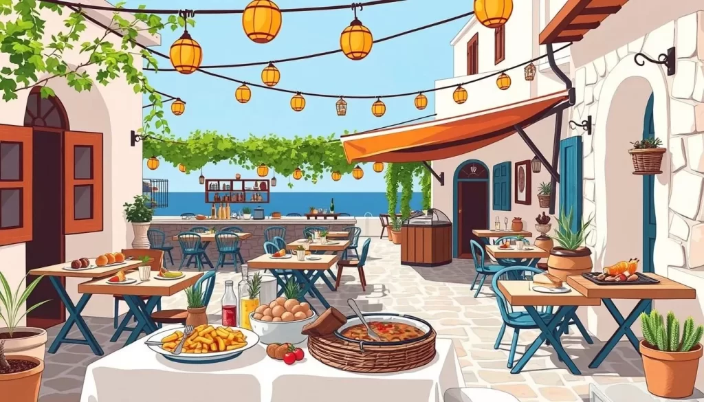 Image of a traditional Greek taverna in Rhodes with local dishes