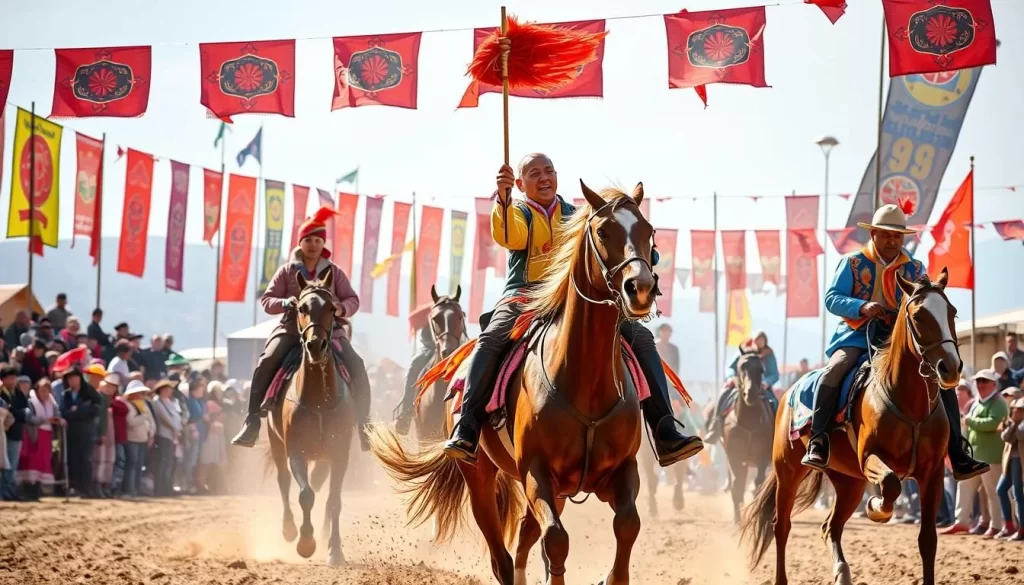 Image of a traditional Kyrgyz horse festival with riders in action