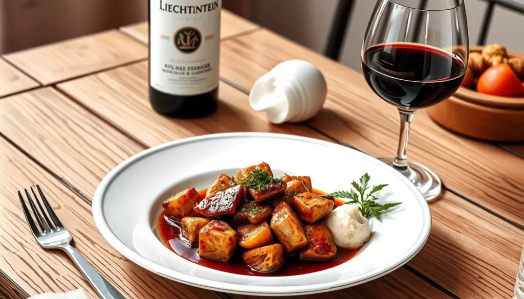 Image of a traditional Liechtenstein dish with a glass of Pinot Noir wine