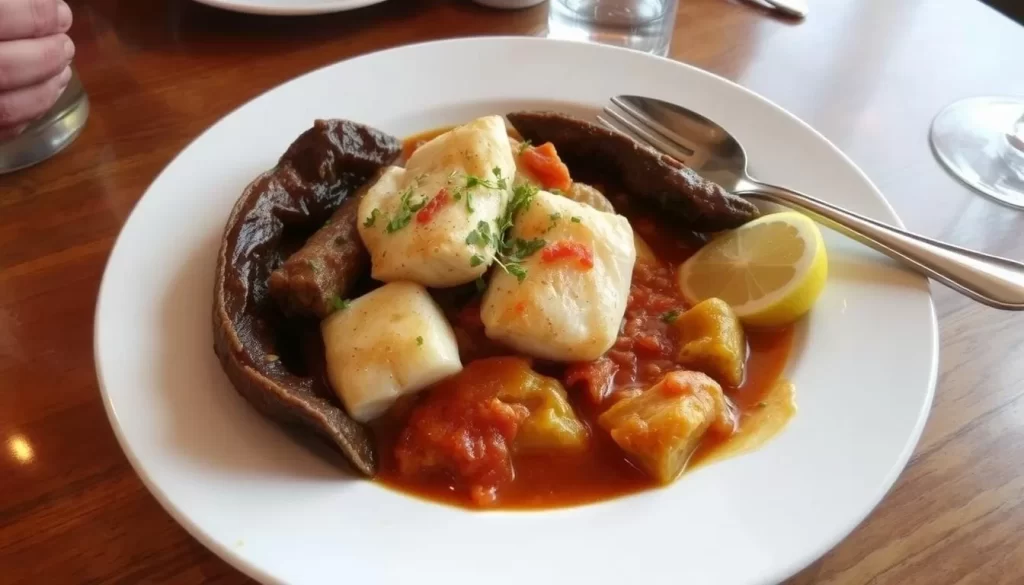 Image of a traditional Portuguese dish, such as bacalhau or chourico, at a New Bedford restaurant