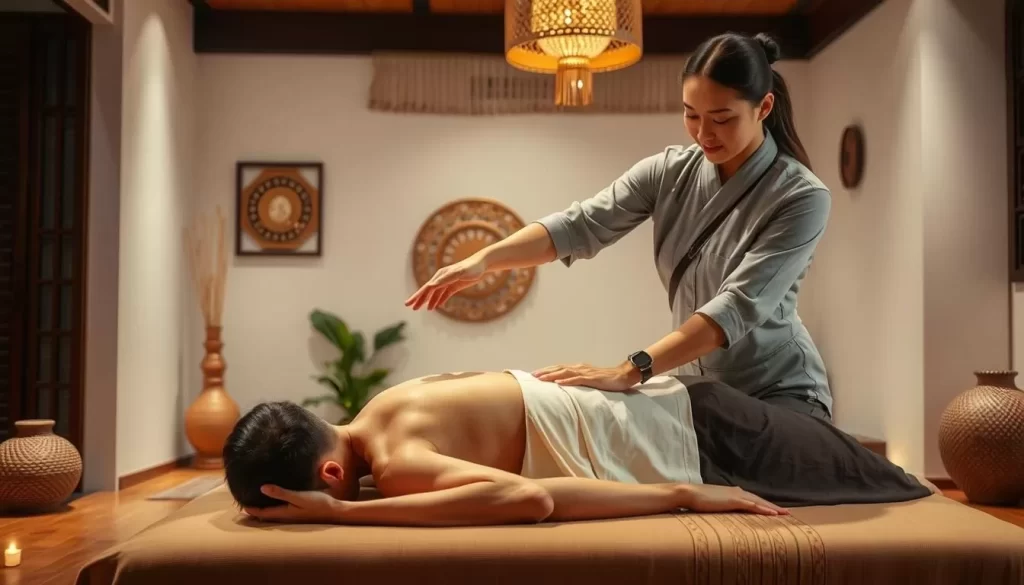 Image of a traditional Thai massage therapist working on a client