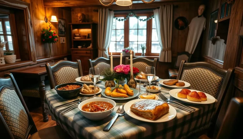Image of a traditional Tyrolean dinner with local specialties like goulash, schnitzel, and apple strudel