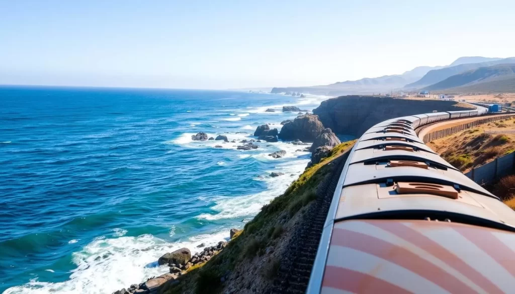 Image of a train traveling along the coast