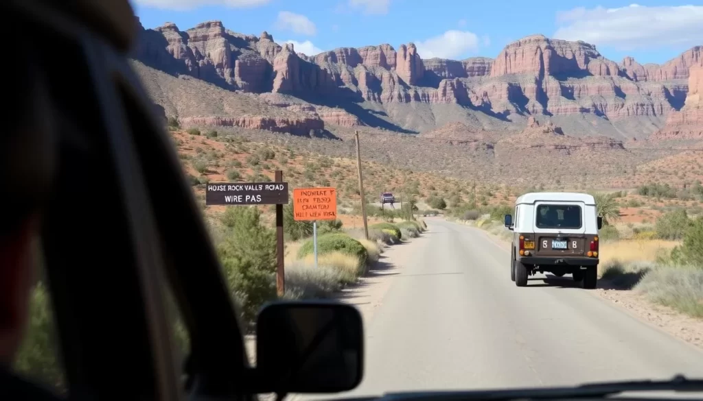 Image of a vehicle driving on House Rock Valley Road towards Wire Pass Trailhead