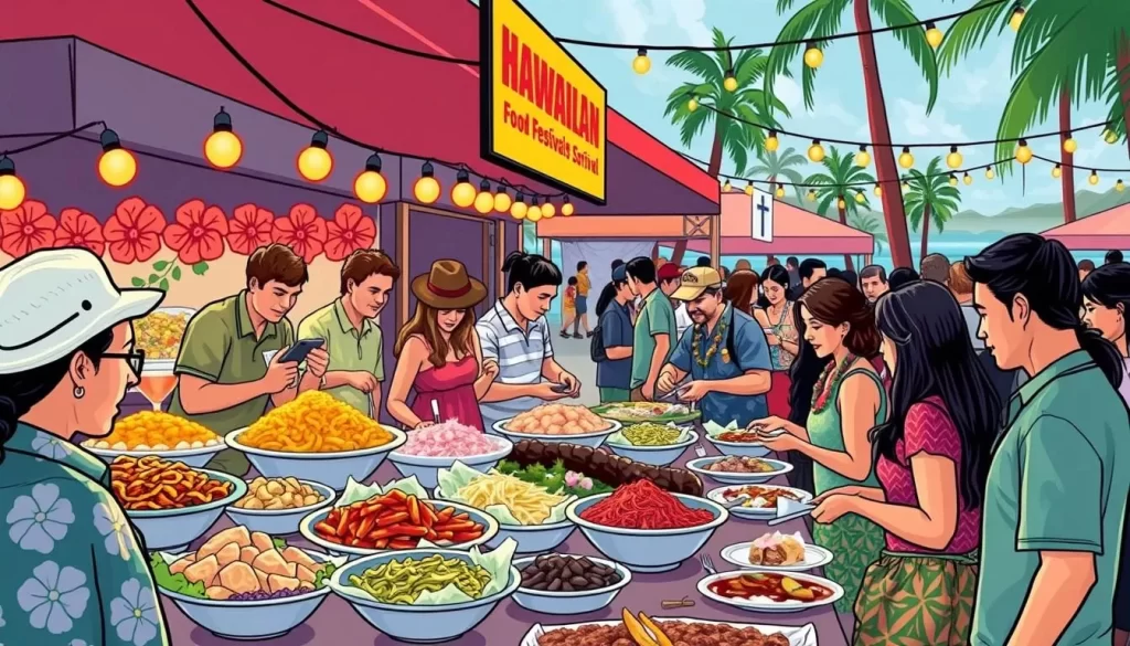 Image of a vibrant Hawaiian food festival with diverse dishes and attendees enjoying local cuisine