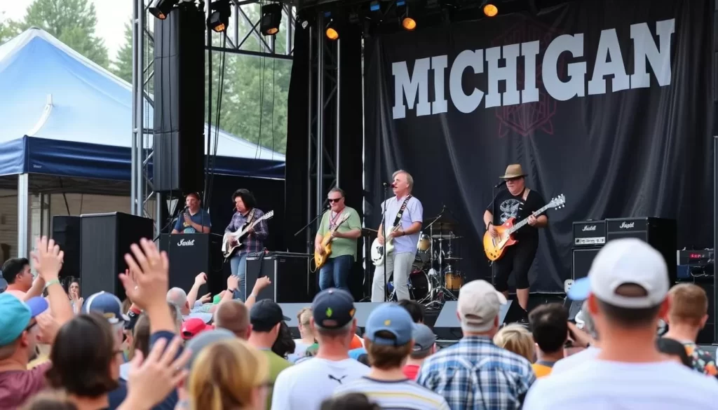 Image of a vibrant Michigan music festival with a live band performing on stage