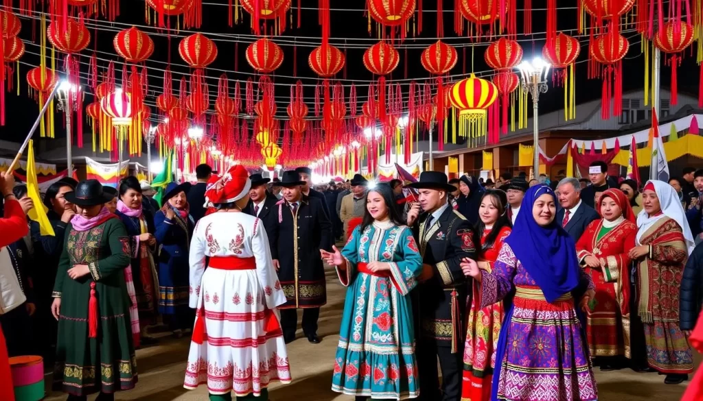 Image of a vibrant Nauryz Festival celebration in Bayan-Ölgii, Western Mongolia, with people in traditional Kazakh costumes.