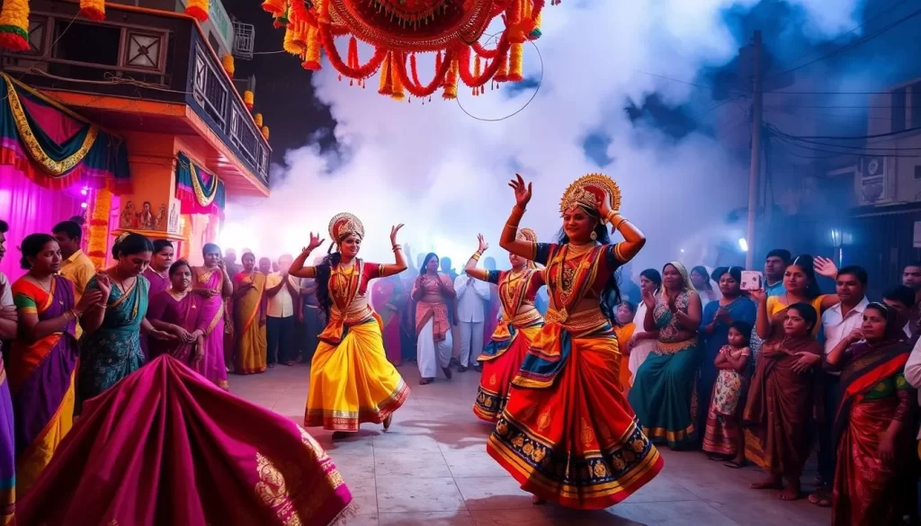 Image of a vibrant Navaratri celebration in Puducherry with dancers performing traditional dance forms.