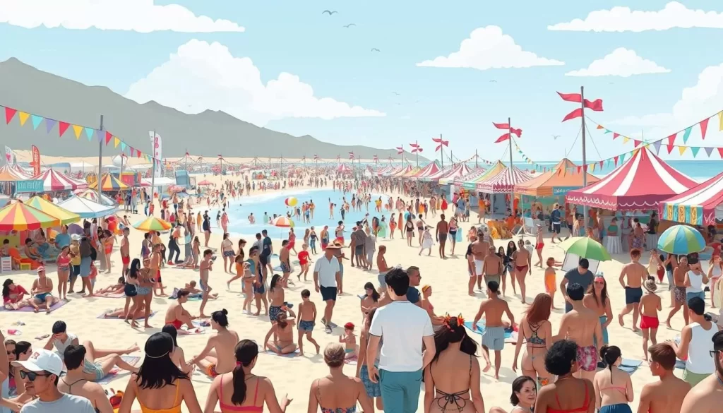 Image of a vibrant beach festival with people enjoying the sun, sand, and festivities.