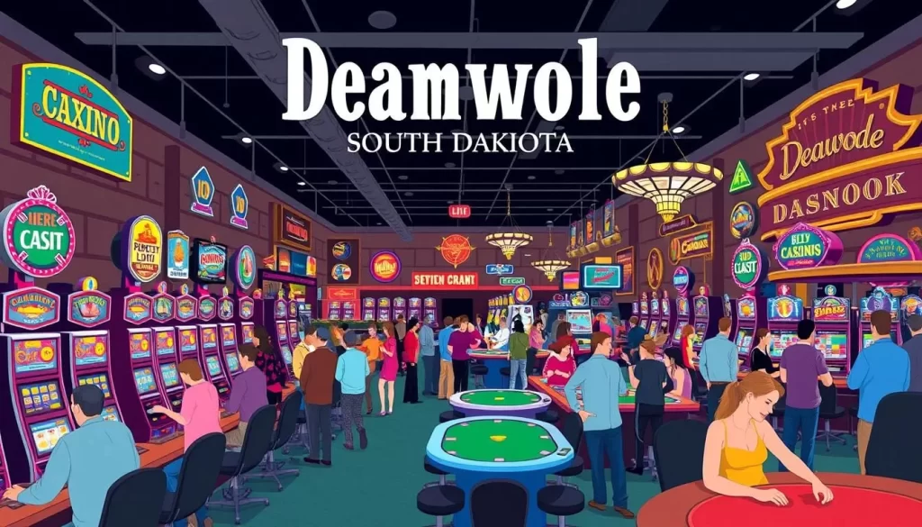Image of a vibrant casino in Deadwood, South Dakota, with patrons enjoying various gaming activities.