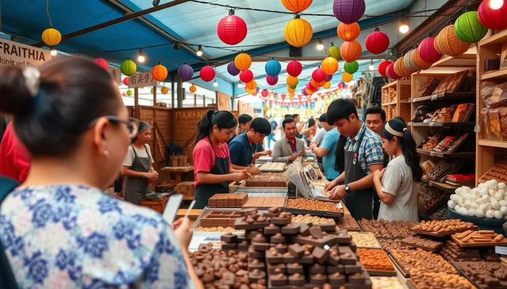 Image of a vibrant chocolate festival in Pingtung, Taiwan, with local chocolate makers showcasing their unique creations.