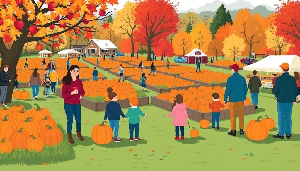 Image of a vibrant fall festival in Pennsylvania with people enjoying apple picking and pumpkin patches.