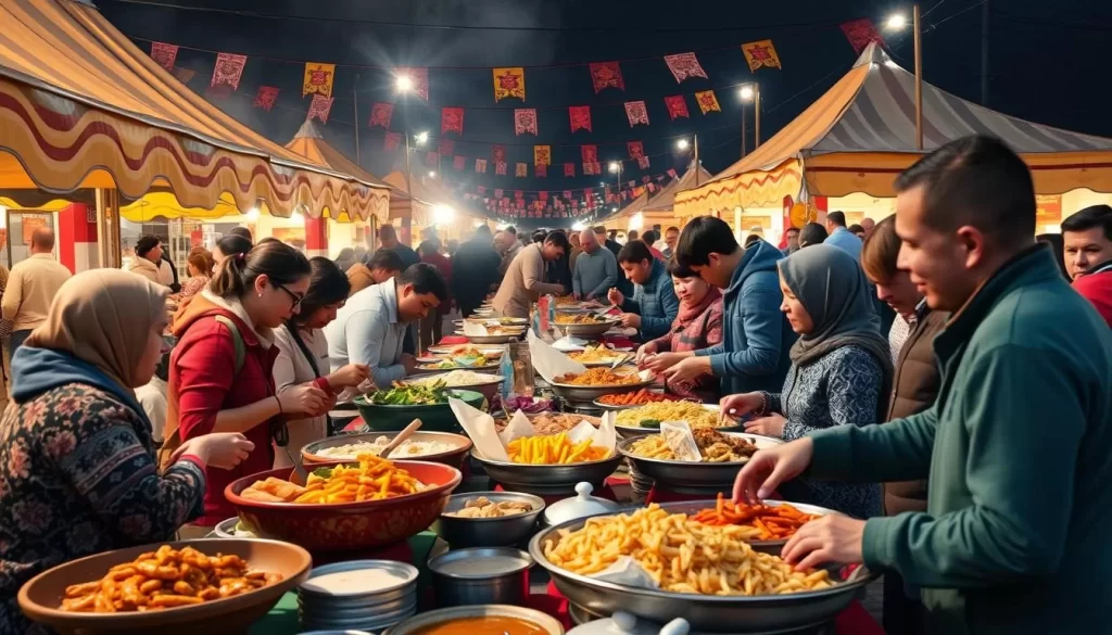 Image of a vibrant food festival in Kazakhstan with traditional dishes and people enjoying local cuisine