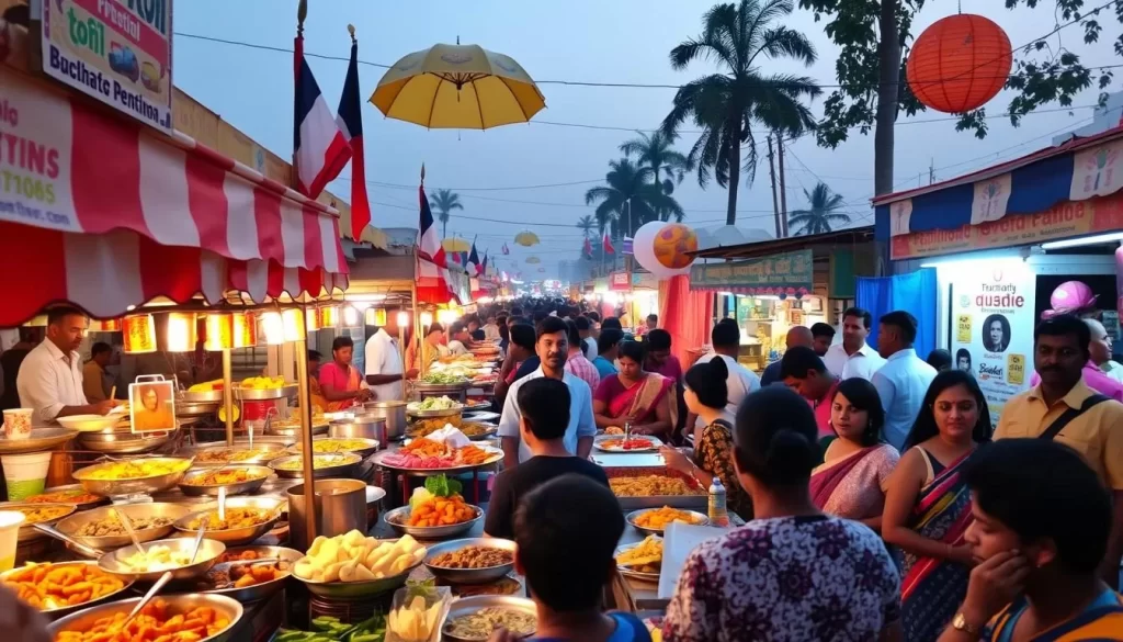 Image of a vibrant food festival in Puducherry with a mix of Indian and French cuisines
