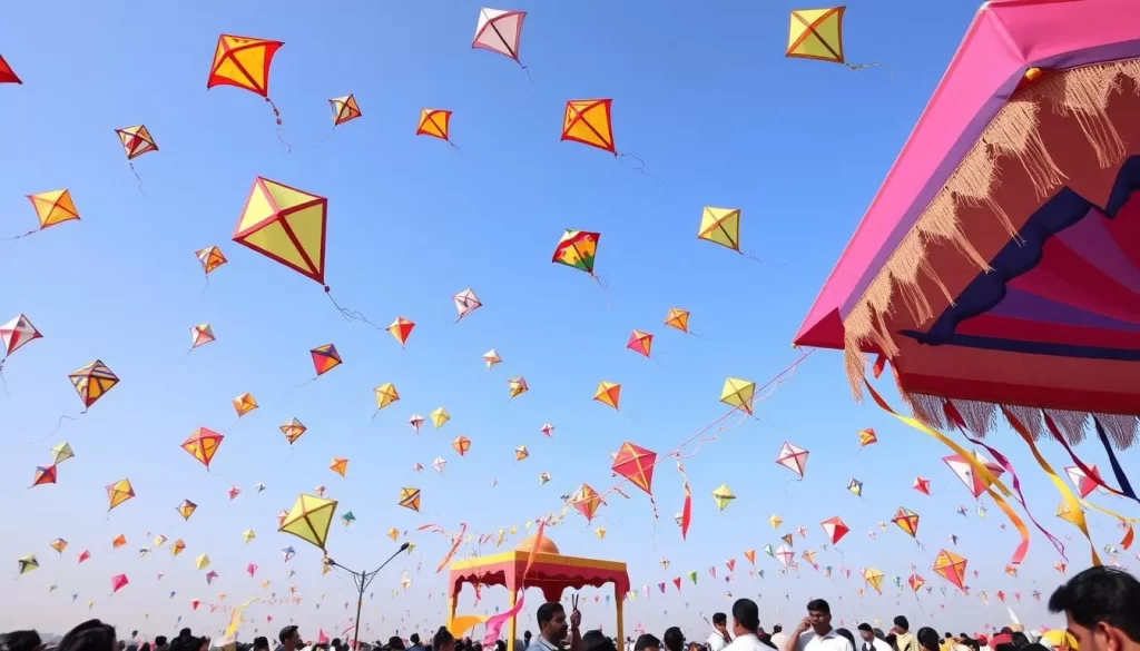 Image of a vibrant kite festival in Gujarat with numerous colorful kites flying high in the sky.