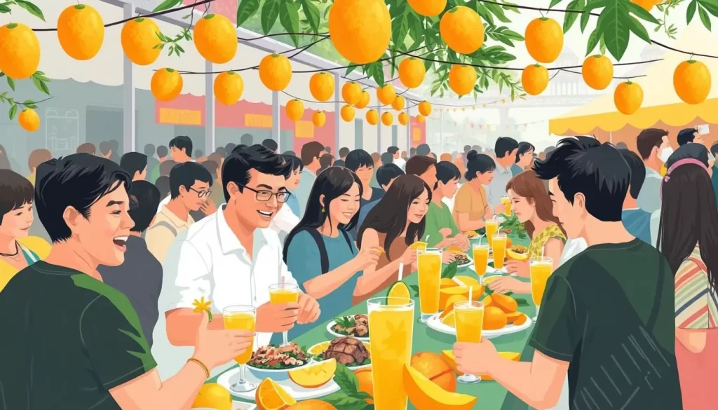 Image of a vibrant mango festival with people enjoying mango dishes and drinks