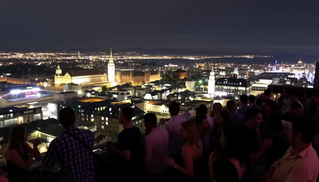 Image of a vibrant nightlife scene in Namur, with people enjoying drinks at a rooftop bar overlooking the city.