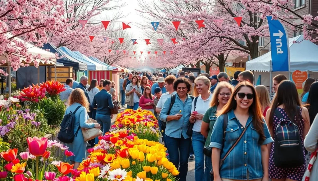Image of a vibrant spring festival in Michigan with blooming flowers and people celebrating