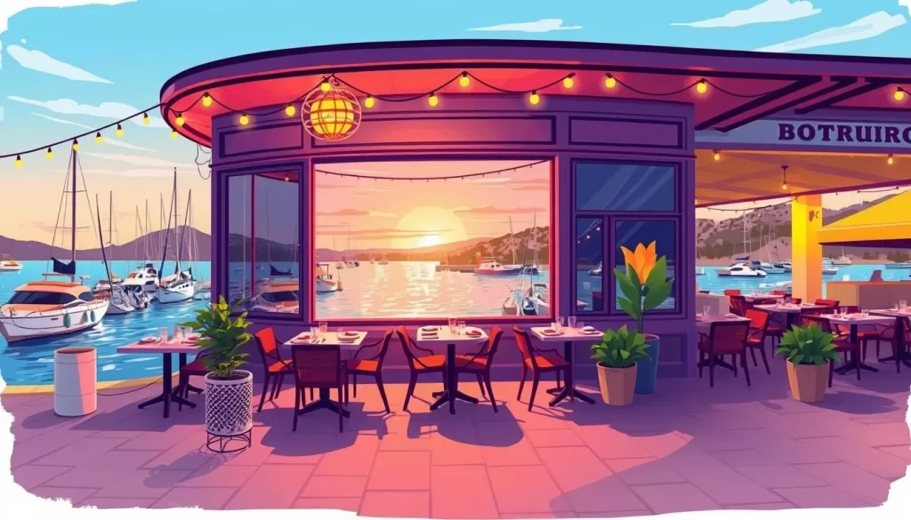 Image of a waterfront restaurant in Bodrum with a beautiful view of the marina