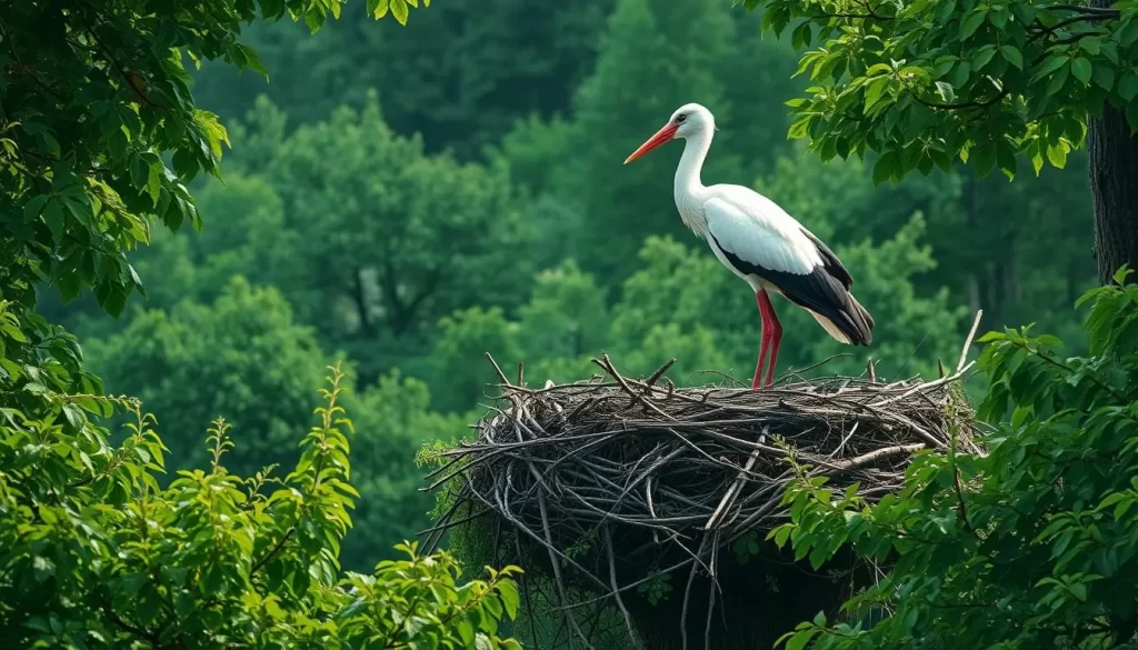 Image of a white stork in its nest in Białowieża Forest