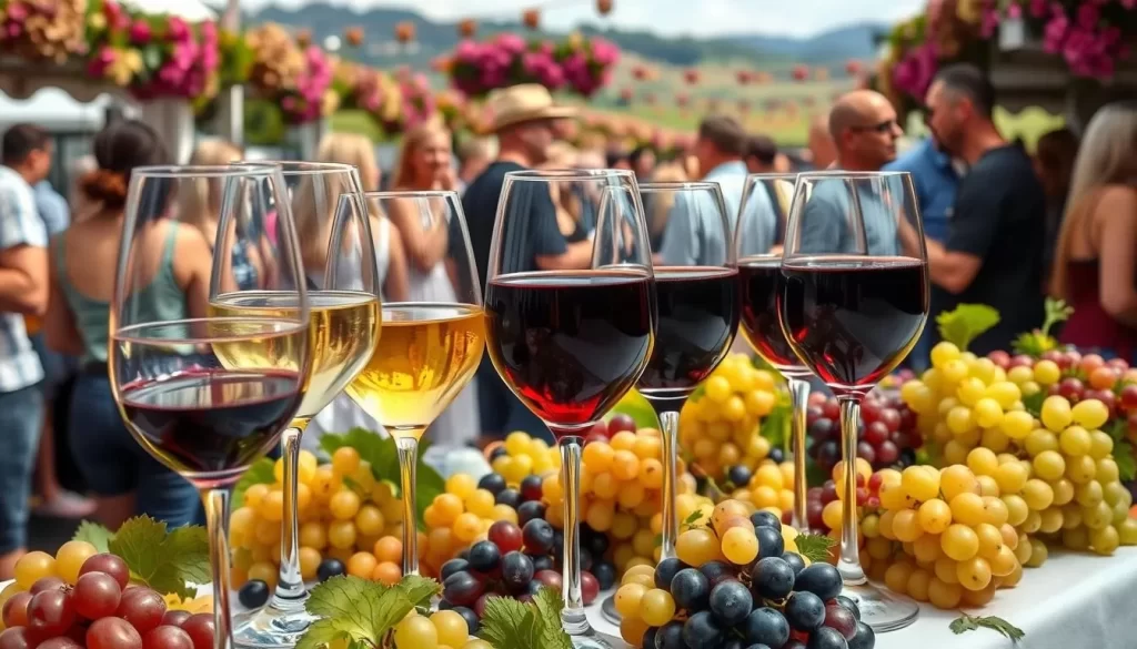 Image of a wine festival with wine glasses and grapes.