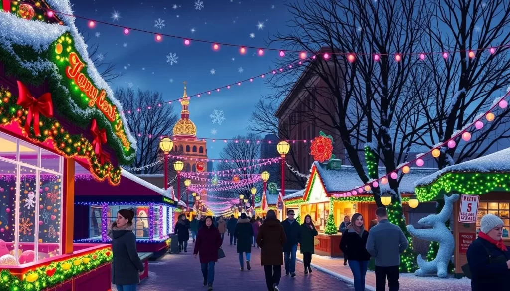 Image of a winter festival in Ohio with LED lights and festive decorations