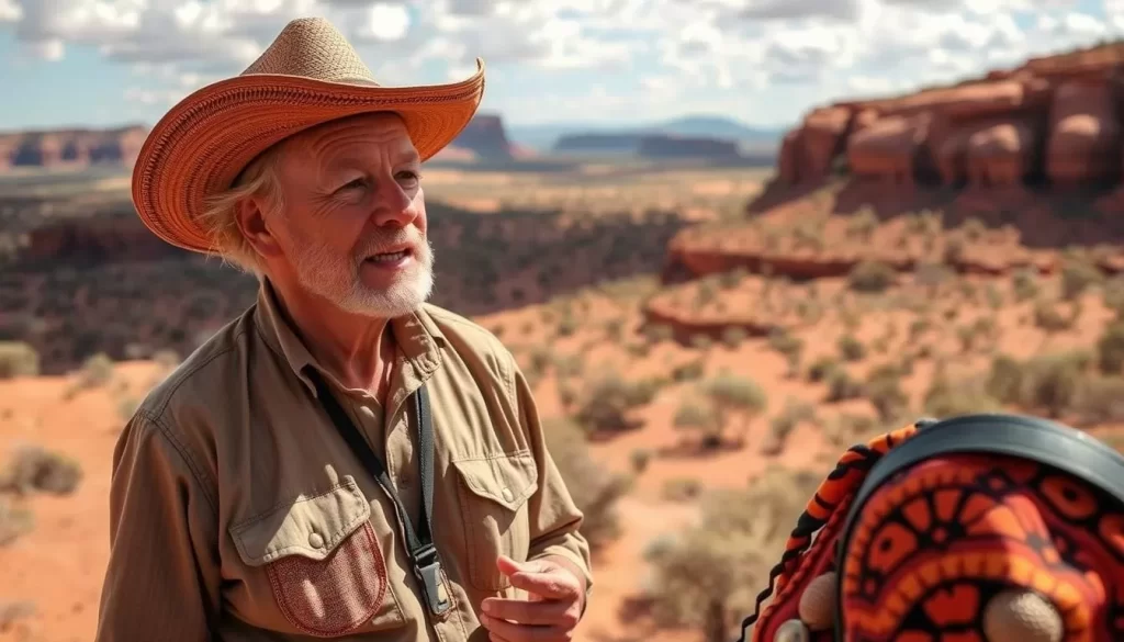 Image of an Aboriginal cultural tour guide sharing traditional knowledge in the Australian outback