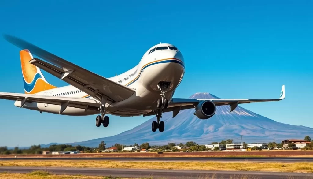 Image of an airplane landing at Kilimanjaro International Airport