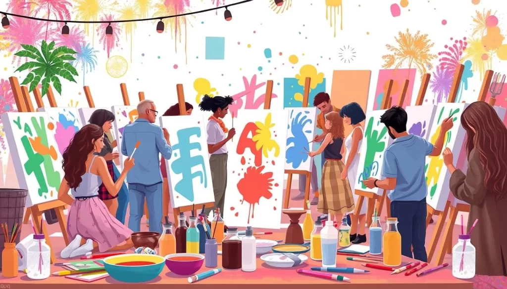 Image of an art jamming session with participants engaged in painting on canvas.