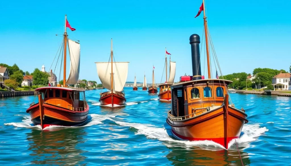 Image of antique boats parading down the Mystic River
