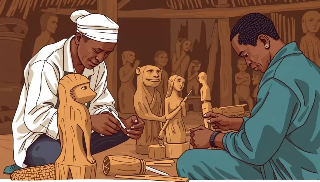 Image of artisans carving wooden sculptures at Mwenge Wood Carvers' Village
