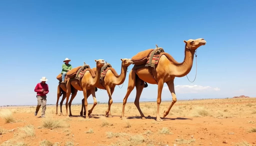 Image of camel trekking in Laikipia, Kenya, with guides and camels walking through the savannah