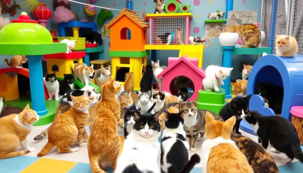 Image of cats playing in "Kitty City" at Lanta Animal Welfare