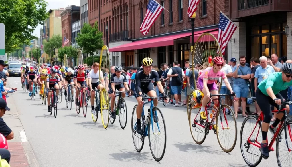 Image of cyclists participating in the National Clustered Spires High Wheel Race in downtown Frederick, Maryland.