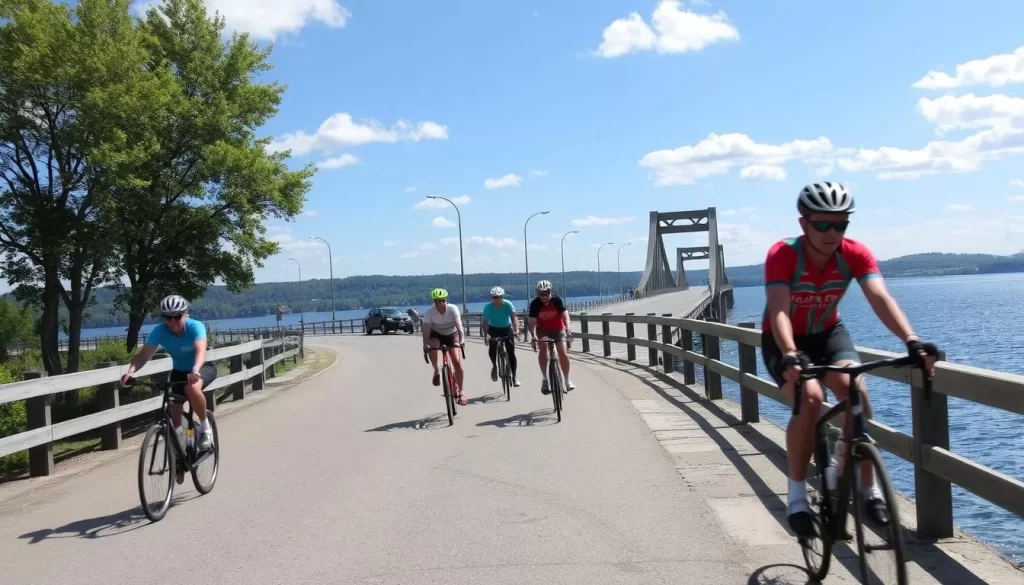 Image of cyclists riding across the Colchester Causeway with Lake Champlain in the background